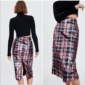 Zara Plaid Sequin Midi Skirt